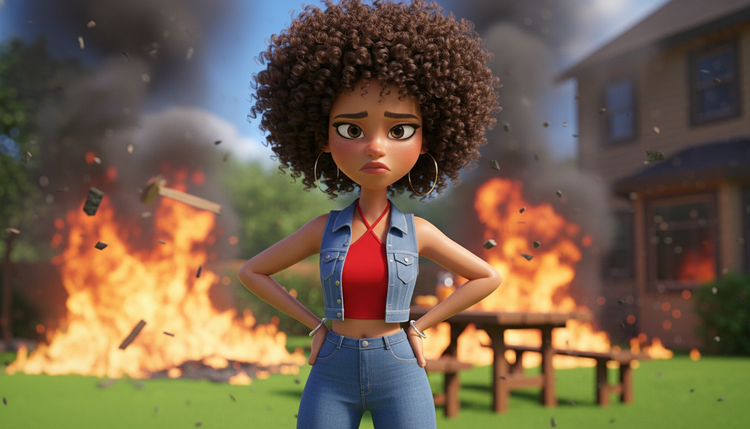 Ke Ke's Hidden Gems heroine with curly afro, denim vest and red top, hands on hips as flames erupt behind.