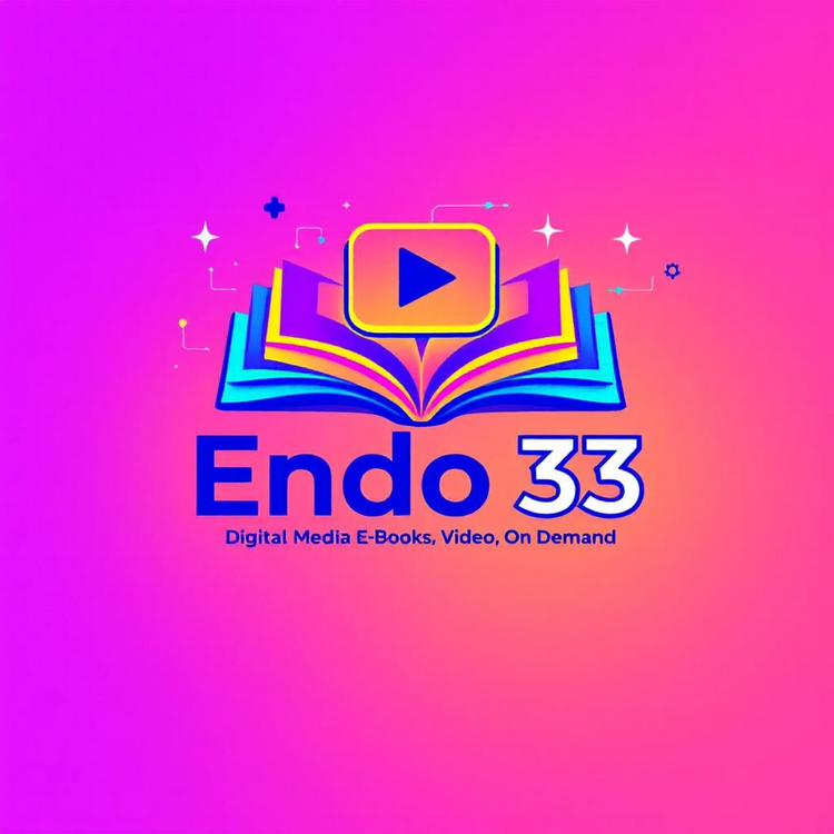 Endo 33 logo with a colorful open book and play button on a gradient background.
