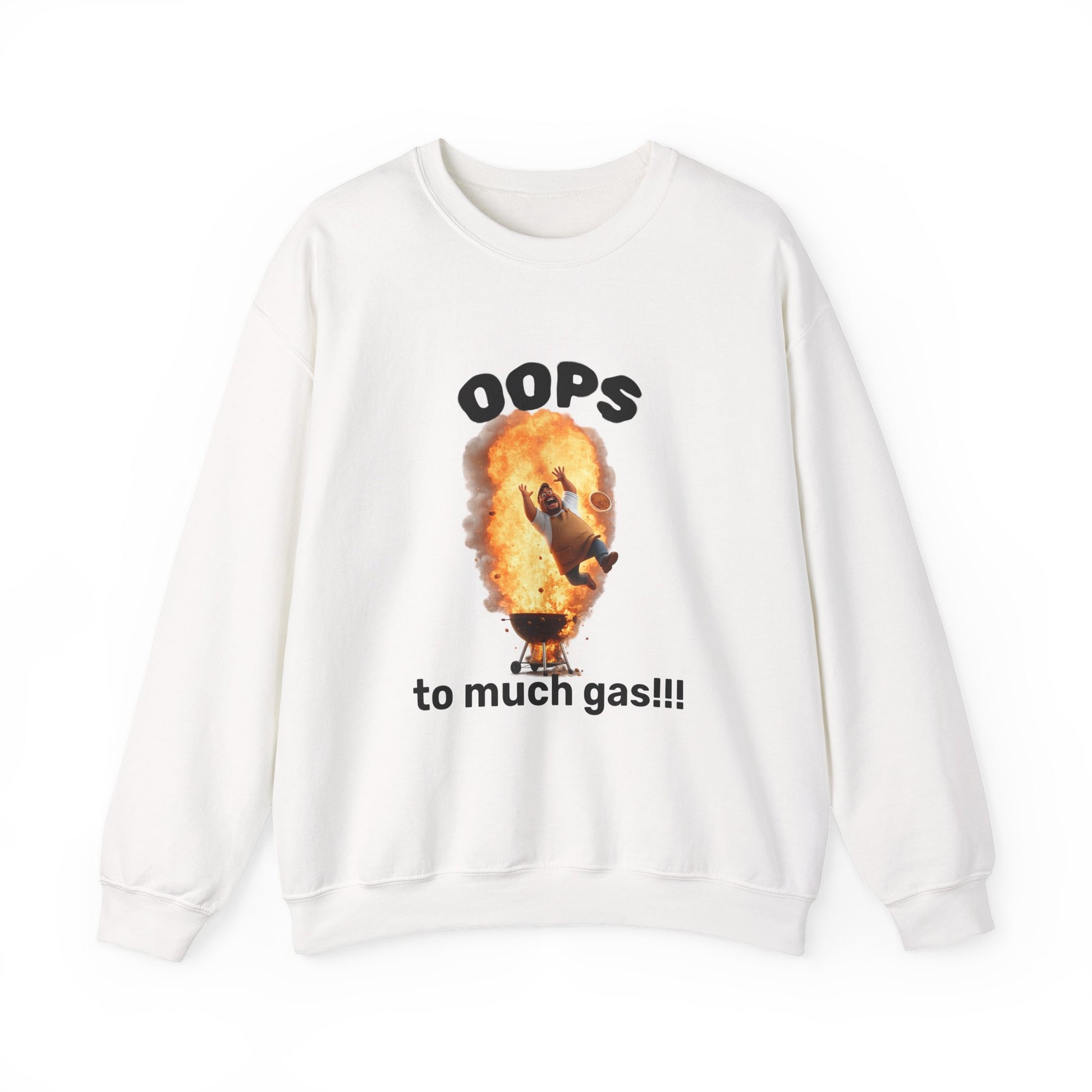 Funny 'Oops Too Much Gas!!!' Crewneck Sweatshirt — Novelty Graphic Pullover by Printify