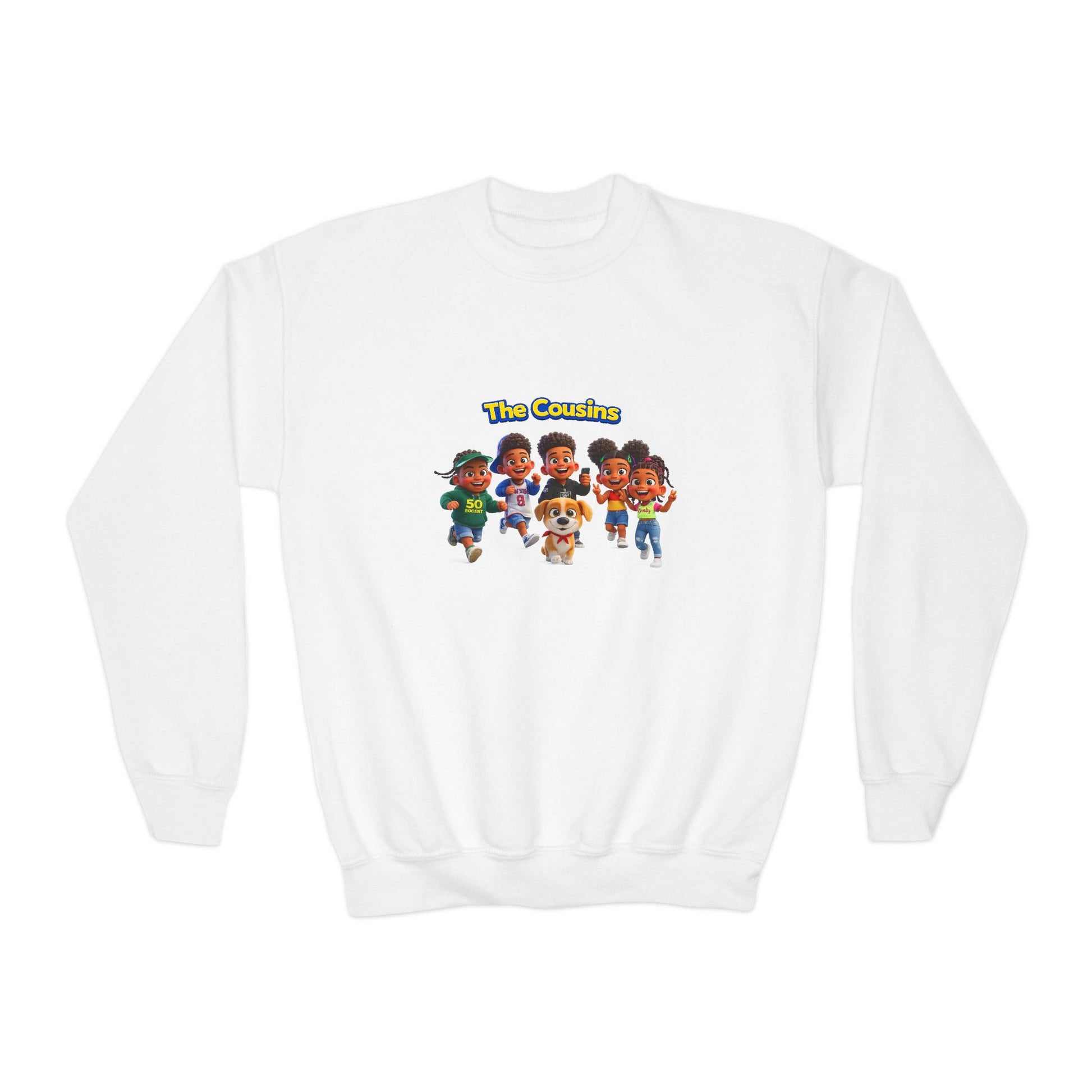 Youth Crewneck Sweatshirt — "The Cousins" Cute Cartoon Kids Graphic by Printify