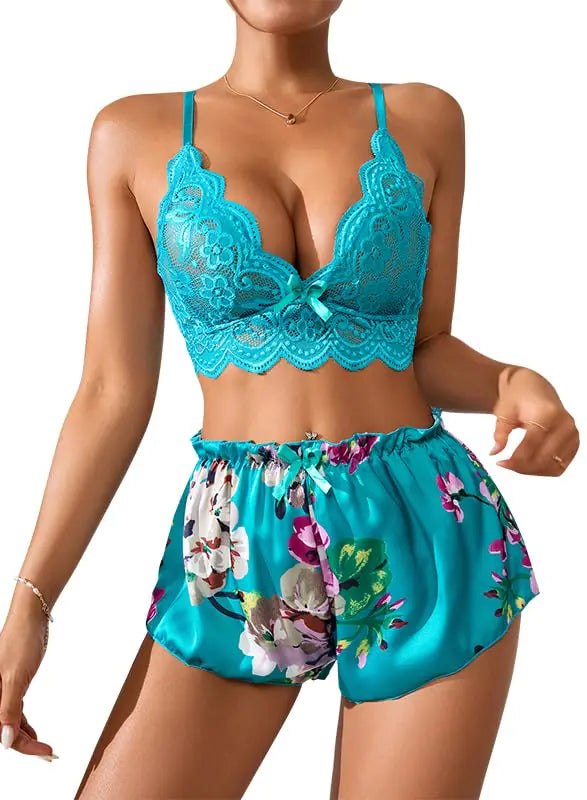 ALOECDYV Women Sexy Lingerie Set Strappy High Waist Floral Lace Pajamas Lingerie Set (Green M)