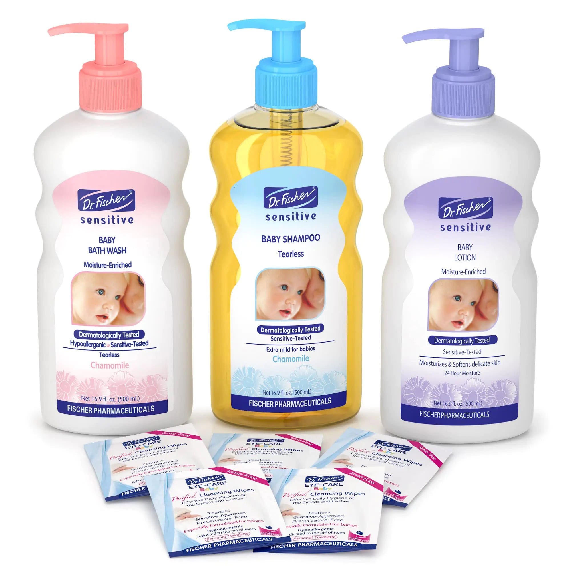 Dr. Fischer Sensitive Baby Bath Set - Baby Bath Wash Tearless Shampoo Lotion & Eye Care Wipes Baby Bath Essentials - Vitamin Rich Baby Wash Set Baby Wash and Shampoo Sets - Daily Baby Skin Care