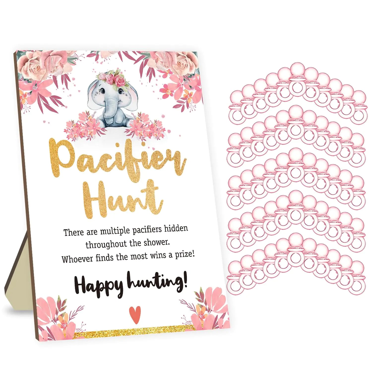 Azbuk Baby Shower Party Games Baby Pacifier Hunt Baby Shower Games 50 Pcs Pink Mini Acrylic Pacifiers with Elephant Baby Shower Pacifier Hunt Wooden Sign Board Baby Sets