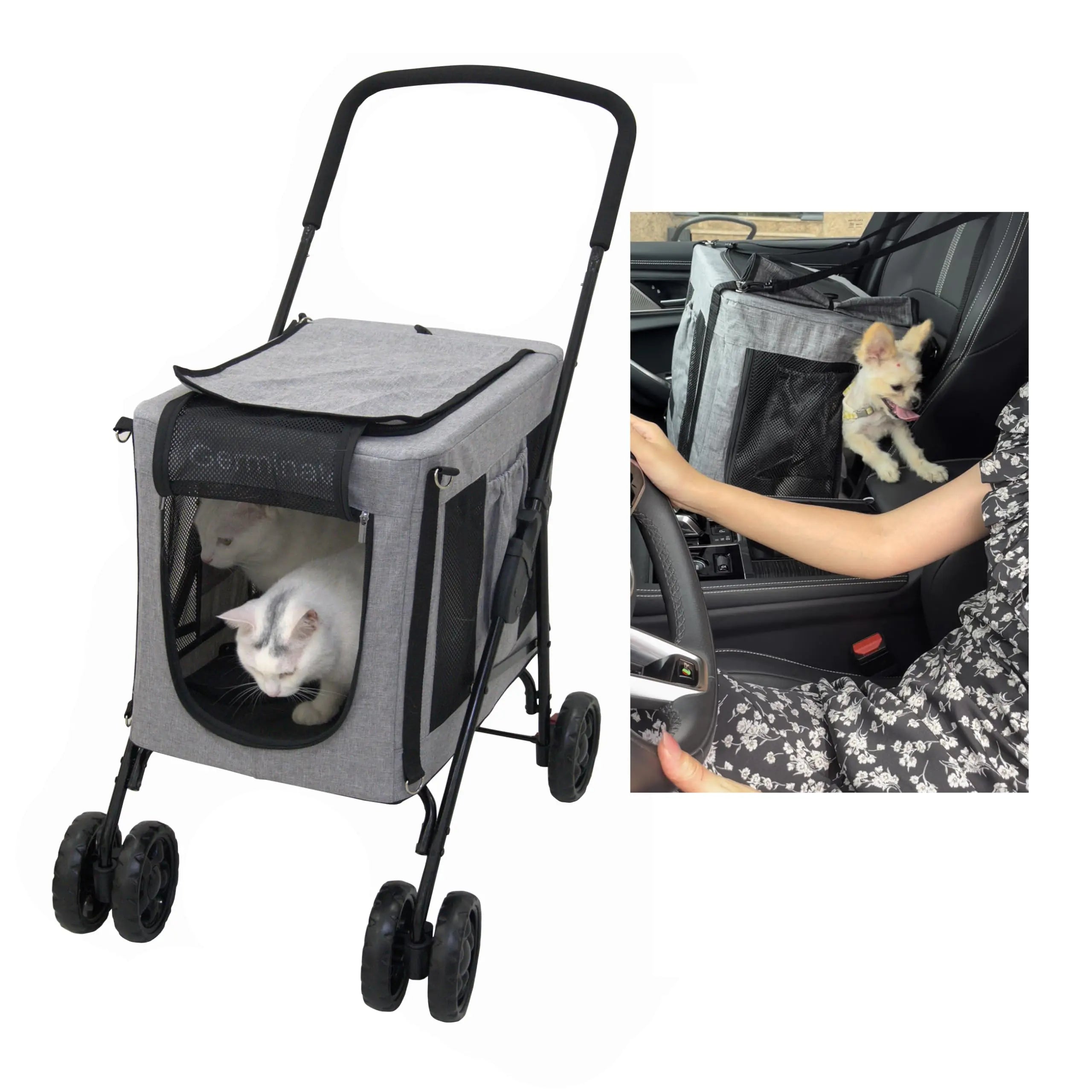 Dog Cat Stroller with Detachable Carrier 3 in 1 Small Medium Upto 10 15 20 30 Lbs 2 Two Double Pet Dogs Cats Doggy Puppy Strollers Carriage (Light Grey Small-Medium)