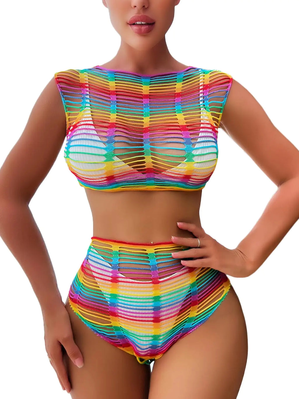 FasiCat Womens Mesh Lingerie Fishnet Babydoll Mini Dress Bodysuit See Through Shirts Long Sleeves Lingerie Bodysuit Cover Up (rainbow1105)