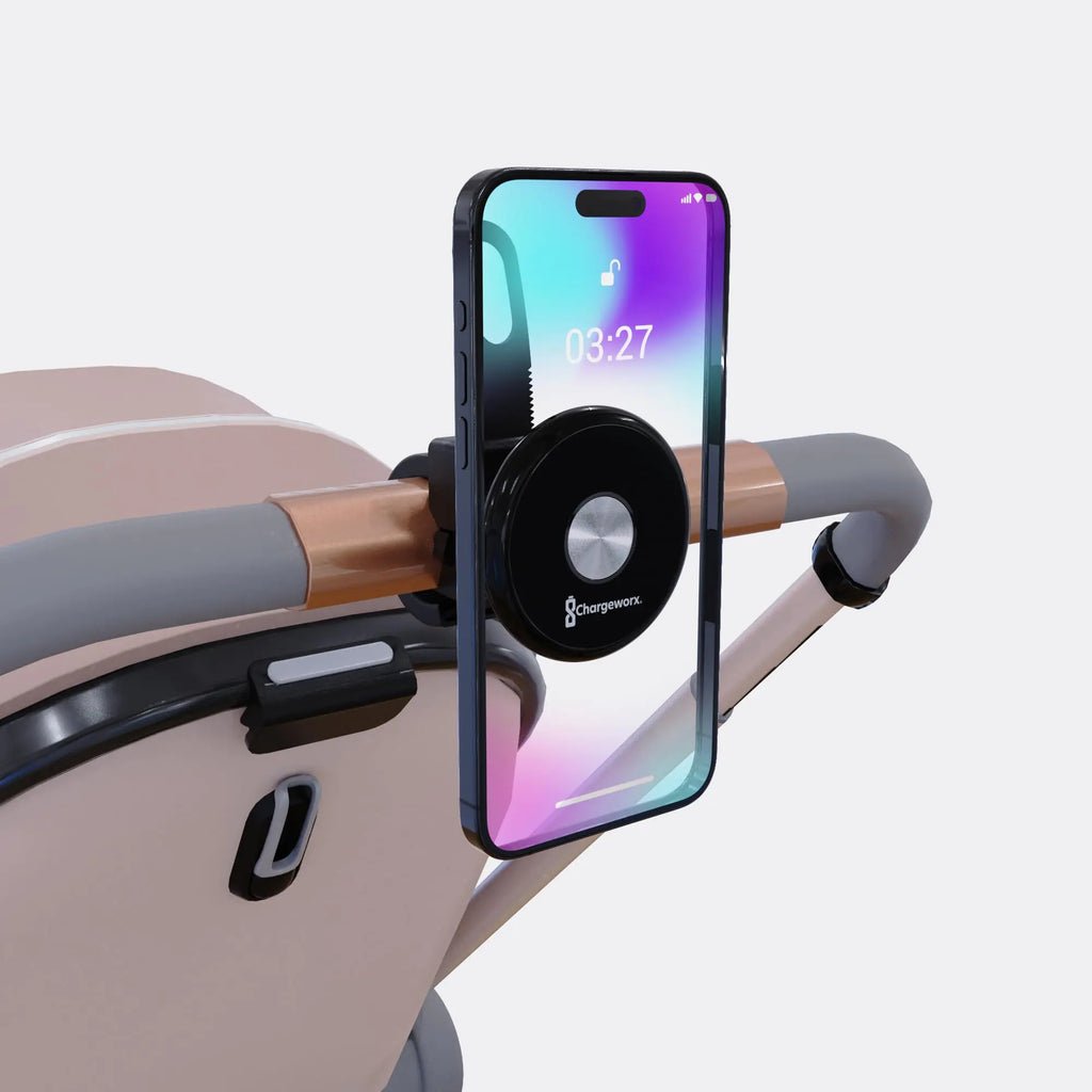CHARGEWORX Magnetic Stroller Phone Holder MagSafe Compatible Phone Mount for Strollers Bikes Adjustable Handlebar Strap - Workout Bike Shopping Cart Handlebars for All iPhone and Android Models